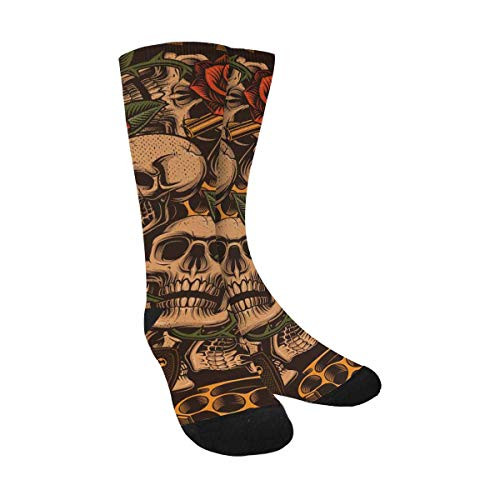 Skulls Guns Roses Funny Novelty Printed Crew Socks for Mens Womens Skulls Guns Roses Funny Novelty Printed Crew Socks for Mens Womens