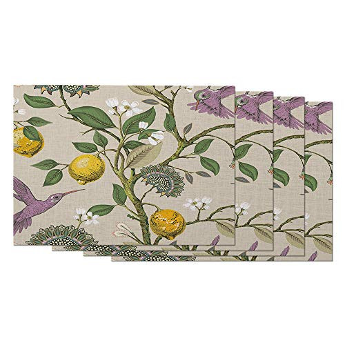 Moslion Purple Hummingbird Placemats Fresh Fruit Lemon Branches Leaves Blooming Floral Bird Table Placemats for Dinning Table Washable Cotton Linen 12x18 Inch- Set of 4