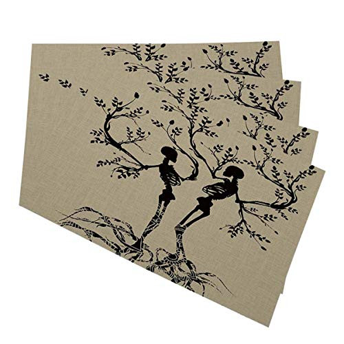 Mugod Placemats Skeleton Tree Gothic Cross Stitch Chart Decorative Heat Resistant Non-Slip Washable Place Mats for Kitchen Table Mats Set of 4 12inchx18inch
