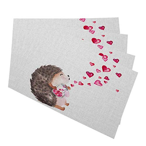 Mugod Placemats Hand Drawn Watercolor Hedgehog Holding Glass Jar with Hearts Decorative Heat Resistant Non-Slip Washable Place Mats for Kitchen Table Mats Set of 4 12inchx18inch