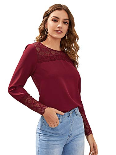 Floerns Women's Elegant Contrast Lace Long Sleeve Blouse Top Burgundy M
