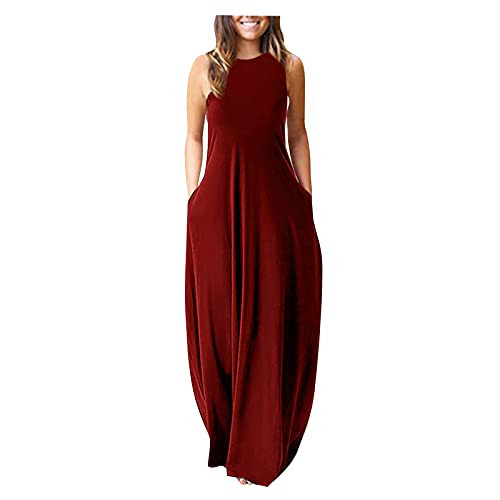 Tavorpt Dress for Women Casual Summer Plus Size Solid Sleeveless O-Neck Dress Loose Long Maxi Party Dress with Pockets Wine