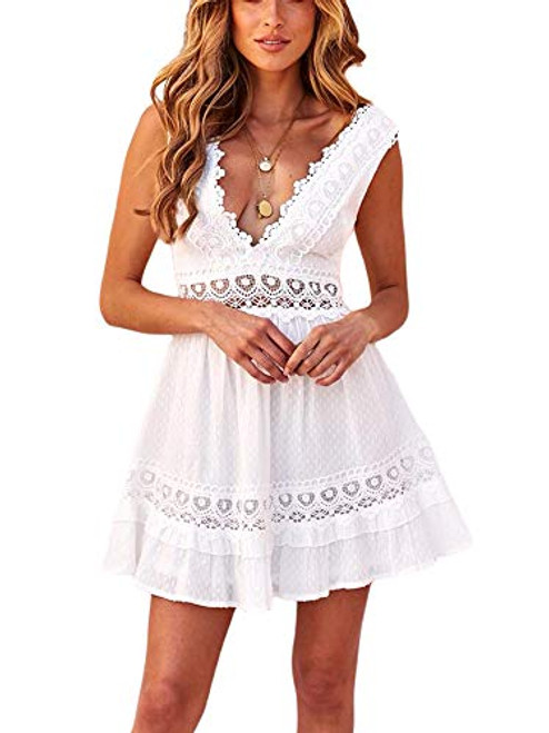 REDWOON Womens Sexy Lace Mini Swing Skater Dress V-Neck Sleeveless Hem Backless Short Beach Party Club Dresses -2 White- L- REDWOON Womens Sexy Lace Mini Swing Skater Dress V-Neck Sleeveless Hem Backless Short Beach Party Club Dresses -2 White- L-