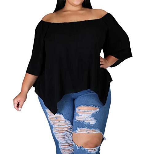 IyMoo Womens Plus Size Summer Solid Color Off The Shoulder Tops 3 4 Half Sleeve T-Shirt Blouses Black XL