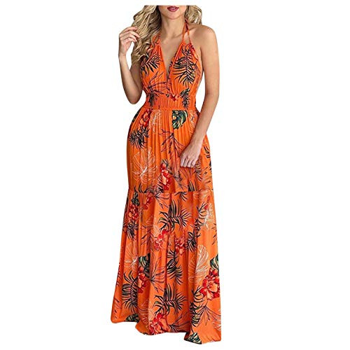 Women Sexy Summer Dress Tropical Print Halter Backless Maxi Dress Casual Sleeveless Beach Dress Orange Women Sexy Summer Dress Tropical Print Halter Backless Maxi Dress Casual Sleeveless Beach Dress Orange