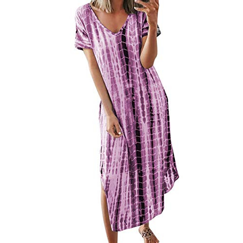 Women's Summer Maxi Dress Loose Boho Casual V Neck Short Sleeve Split Tie Dye Print Long Beach Dresses Purple Women's Summer Maxi Dress Loose Boho Casual V Neck Short Sleeve Split Tie Dye Print Long Beach Dresses Purple
