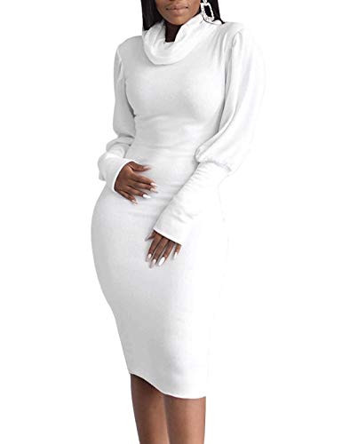 JYAOVO Women Solid Turtleneck Lantern Sleeve Long Sleeve Bodycon Midi Dress Casual Sheath Evening Dress Size XL White