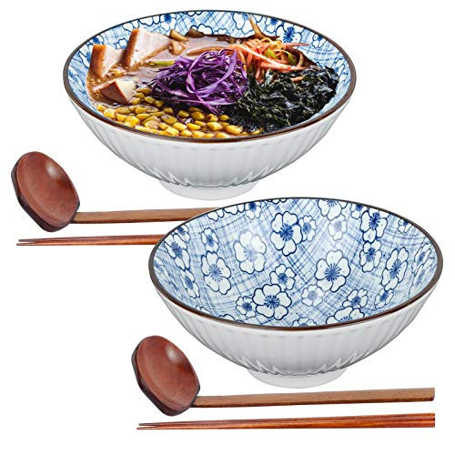 Exttlliy Ramen Bowl Set of 2 -6 Piece- Japanese Ceramic Ramen Noodle Bowls with Chopsticks and Spoons Large 45 oz Ramen Bowl for Soup Noodle Pho Udon and Soba?Plum Blossom?