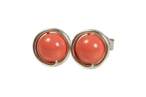 Orange Coral Stud Earrings with Swarovski Pearls Wire Wrapped Sterling Silver or Gold Filled Orange Coral Stud Earrings with Swarovski Pearls Wire Wrapped Sterling Silver or Gold Filled