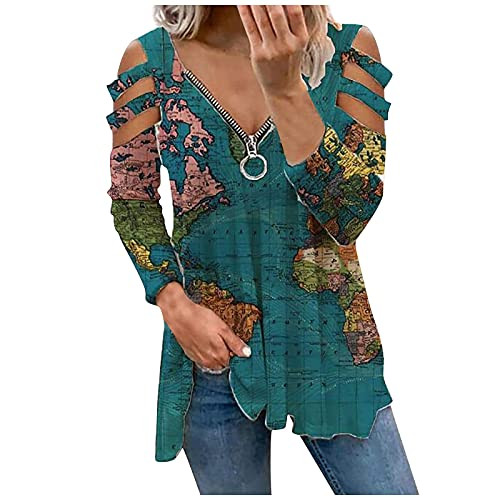 Womens Cold Shoulder Shirts Zipper V Neck Summer Short Sleeve Tshirt Trendy Dressy Casual Blouse Tops Map Print Army Green