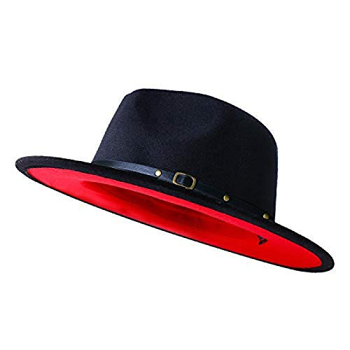 JiaoZhen Black Fedora Hats for Women-Wide Brim Fedora Felt Panama Hat with Belt Buckle