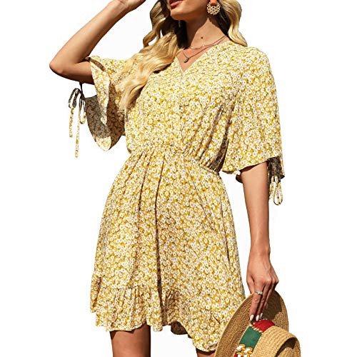 Womens Summer Dresses Short Sleeve V-Neck Floral Ruffle Wrap High Waist Casual Swing Short Mini Dress for Women Yellow