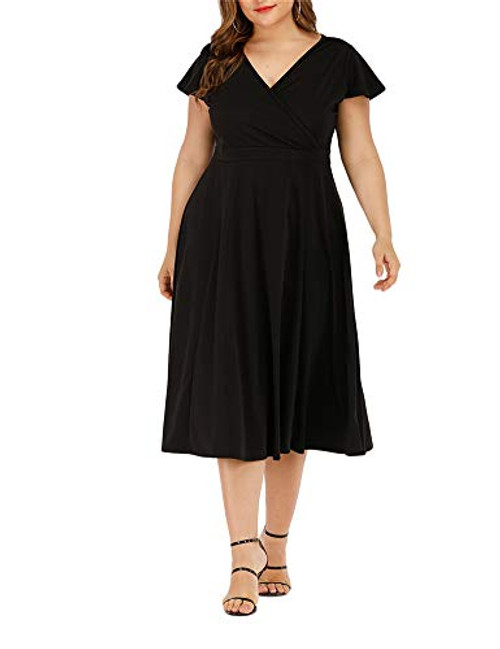 Agmibrelr Women's Flutter Sleeve Dress Deep V Neck A-Line Swing Plus Size Midi Dresses Black XL