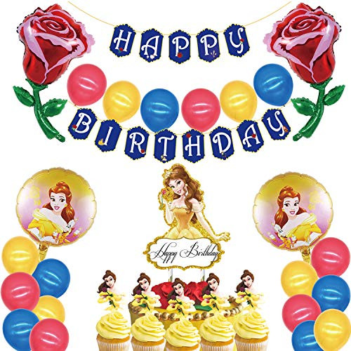 ONE PHOENIX Decorations for Beauty and The Beast Birthday Party Supplies Belle Theme- Banners- Balloons- Cake Topper- Cupcake Toppers