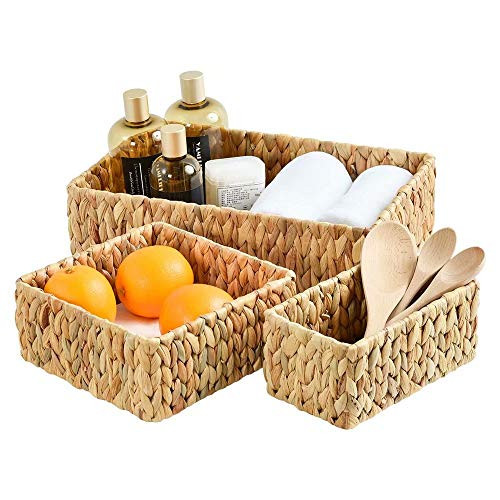 FairyHaus Wicker Baskets for Organizing 3Pack- Large and Small Wicker Storage Baskets Set- Decorative Hand Woven Baskets for Storage- Water Hyacinth Storage Baskets for Pantry Shelf Closet