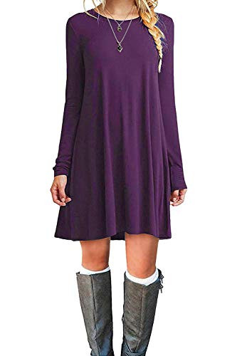MOLERANI Women's Casual Plain Simple Long Sleeve T-Shirt Loose Dress -S- Purple2-