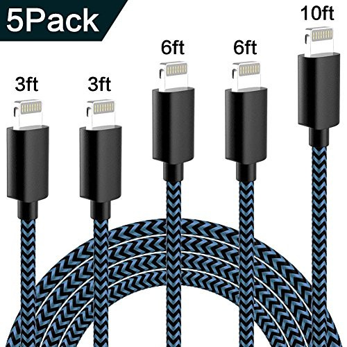 TNSO MFi Certified iPhone Charger Lightning Cable 5Pack(3FT 3FT 6FT 6FT 10FT) Extra Long Nylon Braided USB Fast Charging&Syncing Cord Compatible iPhone Xs (Black and Blue)