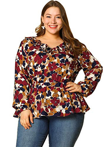 Agnes Orinda Women's Plus Size Blouses Polka Dots V Neck Ruffle Peplum Tops 3X Red Floral