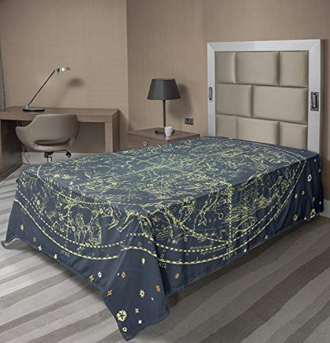 Lunarable Space Flat Sheet- Vintage Zodiac Chart Constellation of Northern Stars Astrology Image- Soft Comfortable Top Sheet Decorative Bedding 1 Piece- Twin Size- Blue Yellow