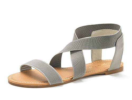 DREAM PAIRS Sandals for Women Elatica-6 Grey Elastic Ankle Strap Flat Sandals - 5.5 M US