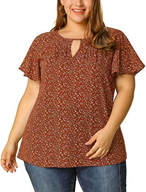 Agnes Orinda Women's Plus Size Keyhole Floral Printed Chiffon Flared Sleeve Blouse 2X Burgundy