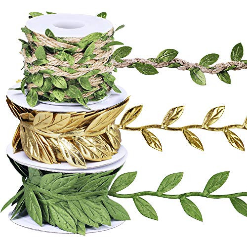 Set of 3 Leaf Ribbon Leaf Trim in Gold Green Vine Trim by The Yard Satin Vine Leaves Garlands Leaf Balloon Tail Gift Wrap Packaging Ribbon Party Garland Embellishment Hair Ribbon G Ribbon Gift Ribbon