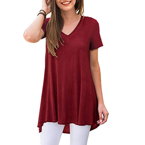 AWULIFFAN Women's Summer Casual Short Sleeve V-Neck T-Shirt Tunic Tops Blouse Shirts?Wine Red-Medium?