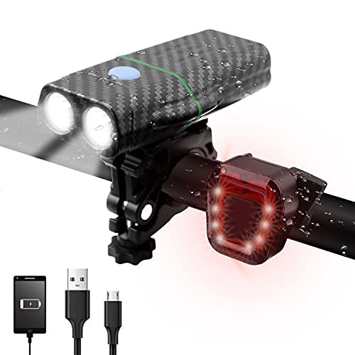 USB Rechargeable Bike Lights Set-550 Lumens Bicycle Headlight IPX5 Waterproof-3000mAh Led Bike Headlight and 300mAh Bike Tail Light-Bicycle Light Set Fits All Bicycles- Mountain- Road