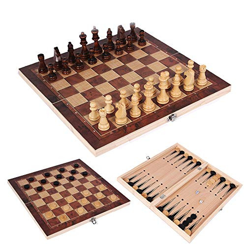 ZCQS 3 in 1 Wooden Chess Set- Folding Chess Set Wooden Chess Checkers Backgammon Set Portable Travel Chess Board Games with Folding Chessboard for Kids Adults -13.3913.39 in-