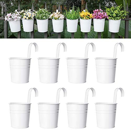 Dahey 8 Pcs Hanging Flower Pots Metal Iron Bucket Planter for Railing Fence Balcony Garden Home Decoration Flower Holders with Detachable Hooks- White- 5 inches