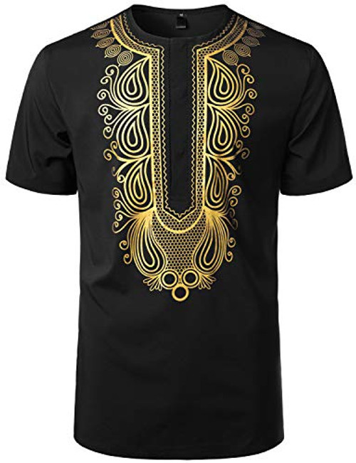 LucMatton Men's African Traditional Hidden Button Short Sleeve Shirt Luxury Metallic Gold Printed Dashiki Black Small