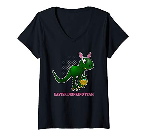 Womens Easter T-Rex Bunny Ears Holding Easter Eggs Basket Holiday V-Neck T-Shirt