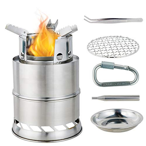 Camping Stove?MEETSUN Mini Portable Wood Burning Stove Foldable Camping Stove Stainless Steel Camping Cookware Rocket Stove Backpacking Stove Solid Alcohol stove for Outdoor Camping Hiking Picnic BBQ