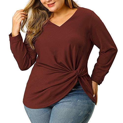 Agnes Orinda Women's Plus Size Tops Blouses V Neck Long Sleeve Elegant Twist Knot Peplum Top Womens Day 4X Burgundy