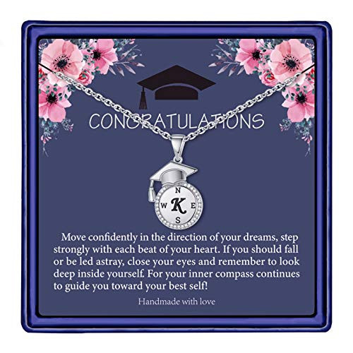 Graduation Gifts for Her 2021- Seniors Class of 2021 High School College Graduation Gifts for Daughter- Silver Tiny Inspirational Letter K Initial Compass Graduation Necklaces for Women Girls Jewelry