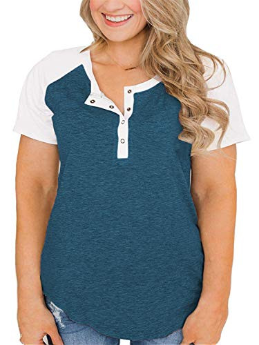 Womens Plus Size Tunics Tee Short Sleeve Buttons T Shirt Blouse Tops Dark Blue 20W