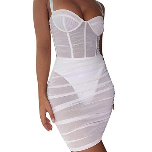 JUMISEE Women See Through Mesh Bodycon Mini Dress Sexy Spaghetti Strap Ruched Party Dress Clubwear White