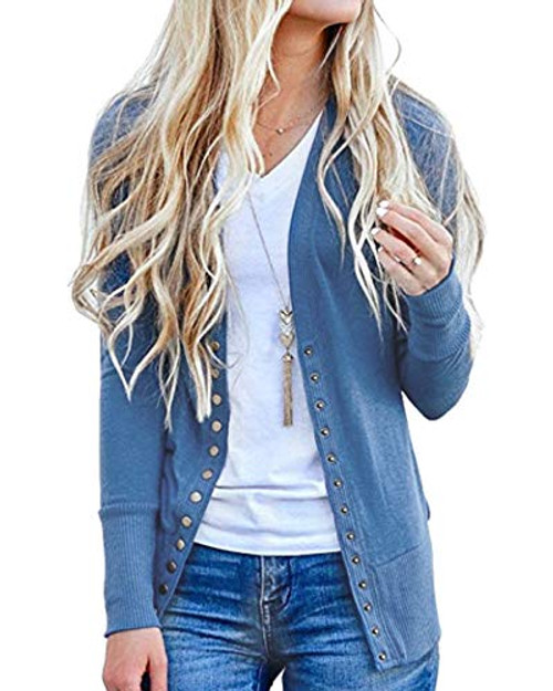 Tracpos Women's V-Neck Solid Button Front Knitwears Long Sleeve Casual Cardigans Sweater Blue XL