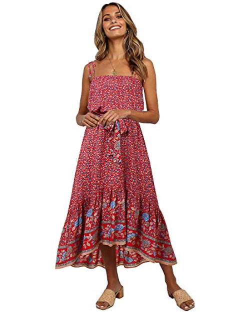 LANISEN Floral Sundresses for Women Summer Casual-Women's Summer Boho Spaghetti Strap Casual Flowy High Low Ruffle Hem Beach Swing Party Midi Sundress with Belt Red2 M