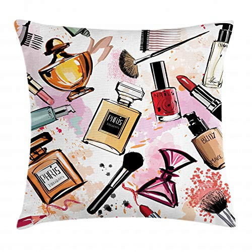 Ambesonne Fashion Throw Pillow Cushion Cover- Cosmetic and Makeup Theme Pattern with Perfume Lipstick Nail Polish Brush Modern- Decorative Square Accent Pillow Case- 20inch X 20inch- Coral White