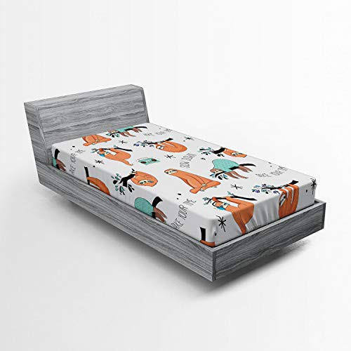 Ambesonne Sloth Fitted Sheet- Pattern with Hand Drawn Sloths on Branches Laziness Mood Words Fun- Soft Decorative Fabric Bedding All-Round Elastic Pocket- Twin Size- Orange Blue