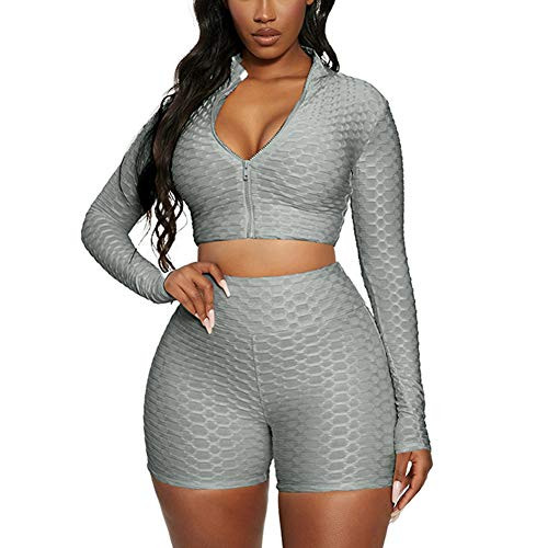 Workout Sets For Women 2 Piece Textured Long Sleeve Zip Up Crop Top Butt Lift Biker Shorts Summer Gym Yoga Outfits -Grey- L-
