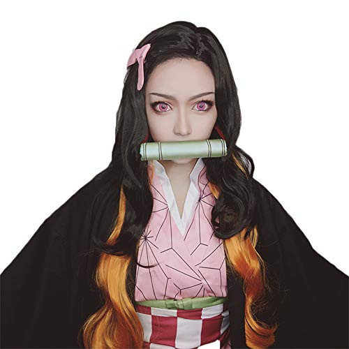 Nuoqi Nezuko Cosplay Wig Demon Slayer Nezuko Kamado Wig Womens Anime Long Wavy Black Gradient Orange Cosplay Wig