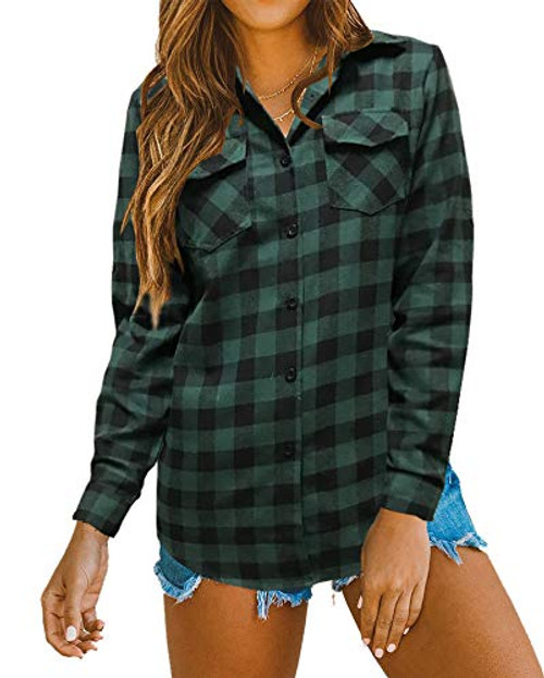 Oyamiki Womens Casual Cuffed 3 4 Long Sleeve Plaid Button Down Shirts Blouse Tops Green XL ¡