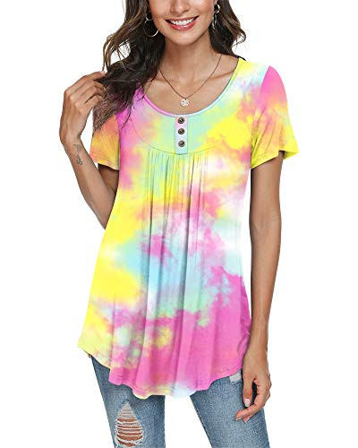 POPYOUNG Womens Summer Casual Short Sleeve Tunic Tops Ruffle Blouse T-Shirts 2XL- Yellow Tie dye