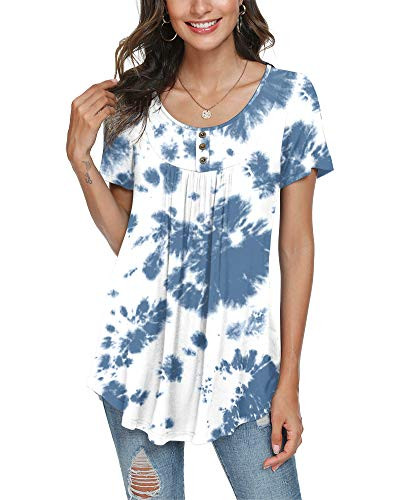 POPYOUNG Womens Summer Casual Short Sleeve Tunic Tops Ruffle Blouse T-Shirts 2XL- Blue Tie dye