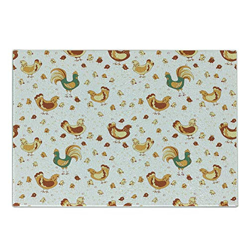 Lunarable Gallus Cutting Board- Rooster Hen and Chicks Dotted Background Family April Eggs Feast Field- Decorative Tempered Glass Cutting and Serving Board- Small Size- Teal Ginger Dark Orange