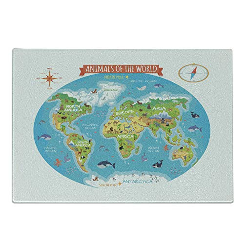 Ambesonne Science Cutting Board- Cartoon Illustrated Chart of Animals of the World and Compass on Plain Backdrop- Decorative Tempered Glass Cutting and Serving Board- Small Size- Multicolor