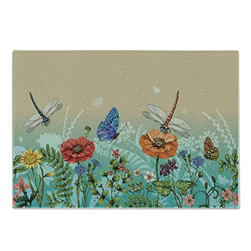 Ambesonne Spring Cutting Board- Flourishing Nature Illustration with Butterflies and Dragonflies Colorful Pattern- Decorative Tempered Glass Cutting and Serving Board- Small Size- Multicolor