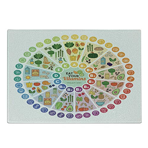 Ambesonne Vegan Cutting Board- Vitamin Vegan Food Sources and Functions Rainbow Wheel Chart with Healthcare- Decorative Tempered Glass Cutting and Serving Board- Small Size- Multicolor